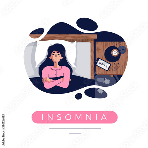Sleepless girl suffers from insomnia, sleep disorder. Sad tired woman lying in bed with open eyes, trying to fall asleep in darkness night room. Cute character, flat cartoon style, vector illustration