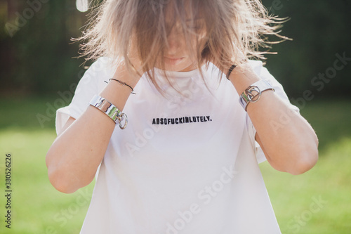 Beautiful girl in a white t-shirt photo