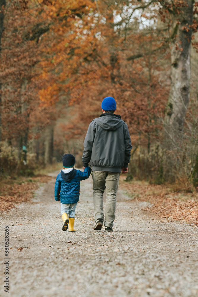 two brothers holding hands walking on an autumnal forest road two brothers holding hands walking on an autumnal forest road