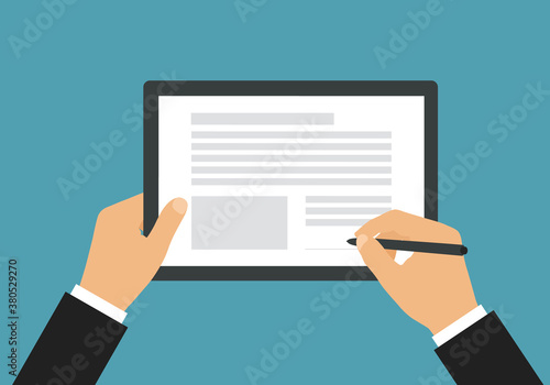 Flat design illustration of a businessman's hand holding a touch screen tablet and a pen. Signs a document or contract, vector