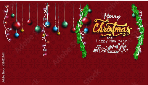 Text Merry Christmas and Happy New Year Typographical on shiny Xmas background with winter landscape.
