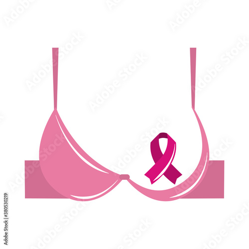 breast cancer awareness month, pink ribbon on bra emblem, healthcare concept flat icon style