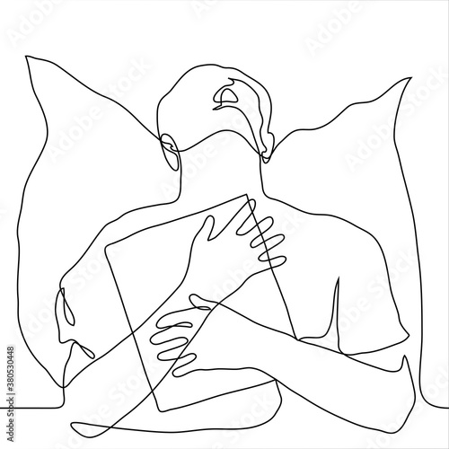 man to the waist who fell asleep while sitting on the bed holding a book / textbook / workbook in his hands. one continuous line drawing student tired of homework / exam preparation