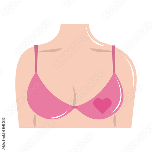 breast cancer awareness month, female chest pink bra and heart, healthcare concept flat icon style