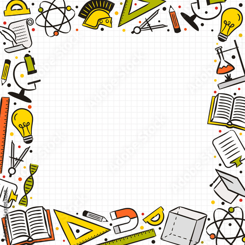 A square frame made of hand-drawn school elements. Background from a notebook sheet in a box. Vector illustration in doodle style for decoration of school banners, projects, posters.