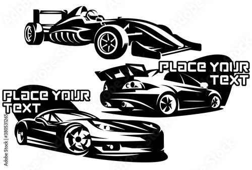 Set of sports cars. Monochrome vector illustration. Business card design templates