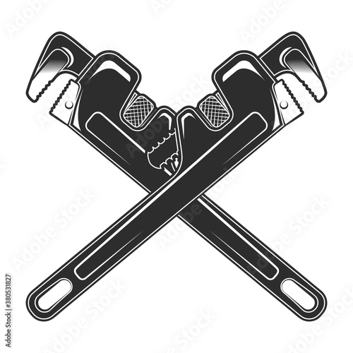 Vintage crossed wrench for gas and plumbing pipe or spanner repair tool in monochrome style isolated vector illustration