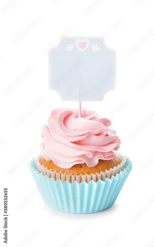 Tasty cupcake with stylish topper on white background Tasty cupcake with stylish topper on white background