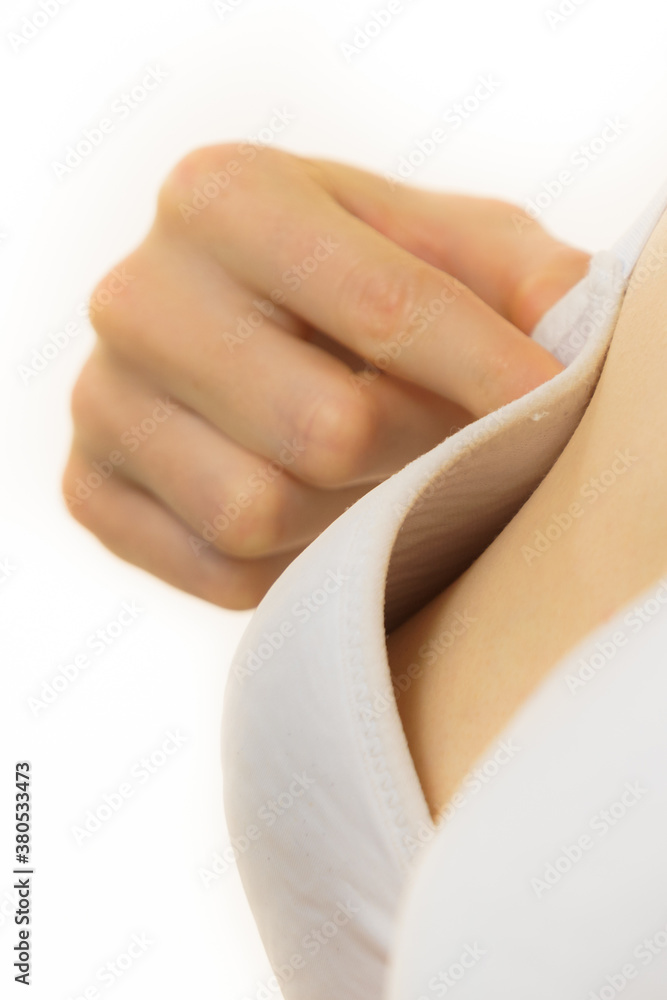 Woman wearing too big bra stock image. Image of breast - 193676991
