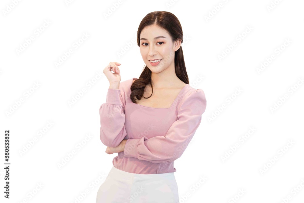 Smart smiling Asian woman in casual pink shirt.She is standing feeling happy to work.Enjoy working girl concept. Smart smiling Asian woman in casual pink shirt.She is standing feeling happy to work.Enjoy working girl concept.