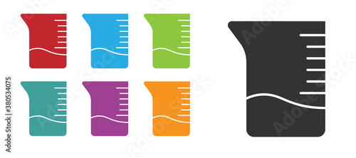 Black Measuring cup icon isolated on white background. Plastic graduated beaker with handle. Set icons colorful. Vector Illustration.