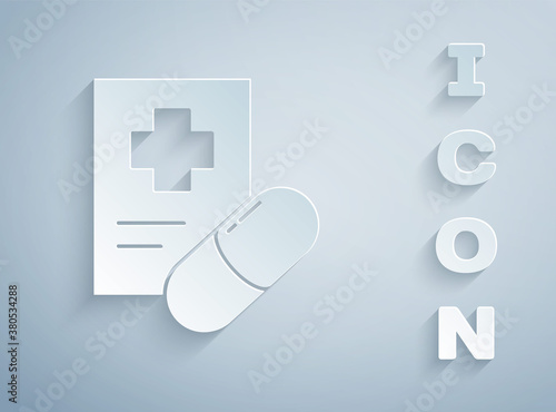 Paper cut Medical prescription icon isolated on grey background. Rx form. Recipe medical. Pharmacy or medicine symbol. Paper art style. Vector Illustration.