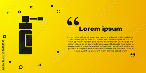 Black Medical bottle with nozzle spray for the treatment of diseases of the nose and throat icon isolated on yellow background. Vector Illustration.
