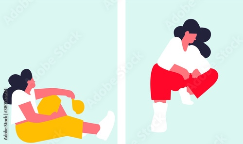 Woman Cartoon flat . Diverse woman sitting in sportswear. Woman sport activities. Sportive ladies working out. 