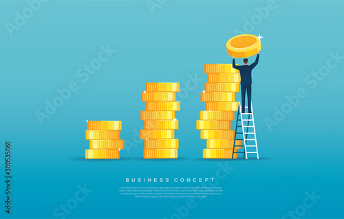 man putting coin on pile of coins  Business and finance concept. vector illustration