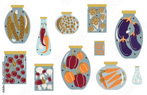 Autumn harvesting and canning set. Jars of various shapes with pickled and canned vegetables. Cucumbers, tomatoes, eggplant, corn and mushrooms. Vector flat illustration with vegetables and banks.