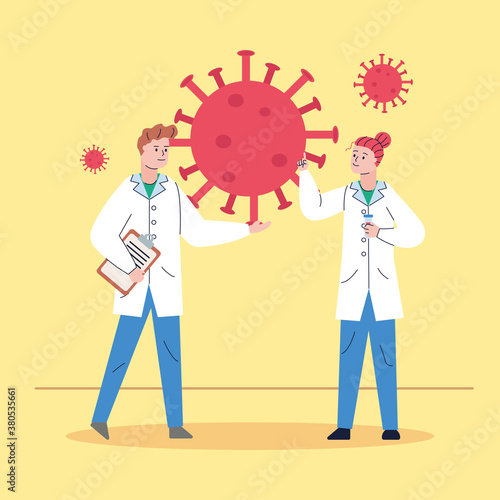 couple scientifics with covid19 particles research vaccine