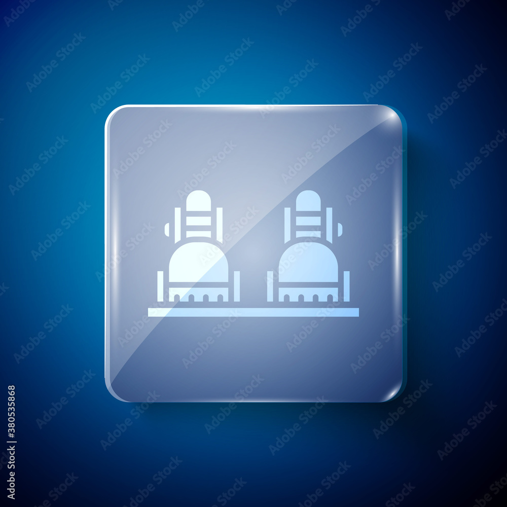 White Snowboard icon isolated on blue background. Snowboarding board icon. Extreme sport. Sport equipment. Square glass panels. Vector Illustration.