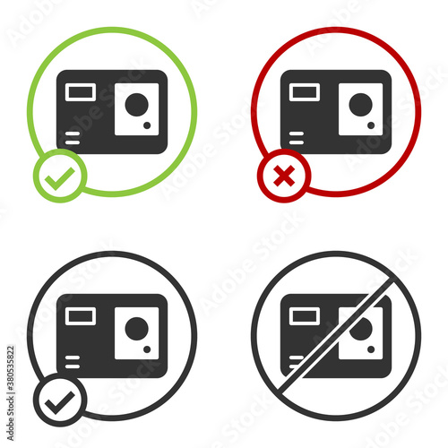 Black Action extreme camera icon isolated on white background. Video camera equipment for filming extreme sports. Circle button. Vector Illustration.