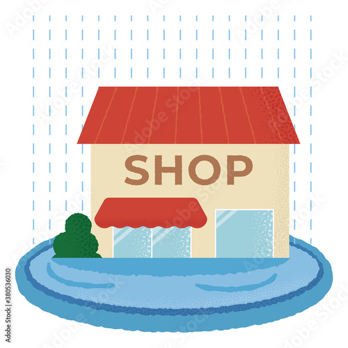 浸水の被害に遭うショップのベクターイラスト