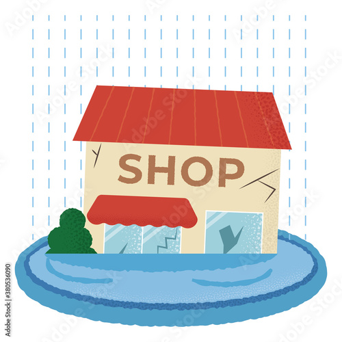 浸水の被害に遭うショップのベクターイラスト