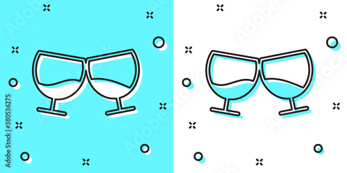 Black line Glass of cognac or brandy icon isolated on green and white background. Random dynamic shapes. Vector Illustration.