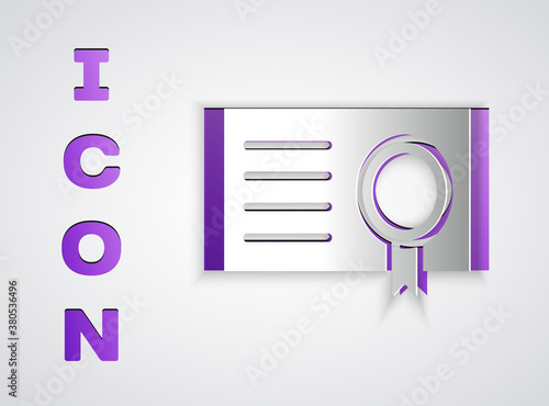 Paper cut Certificate template icon isolated on grey background. Achievement, award, degree, grant, diploma concepts. Paper art style. Vector Illustration.