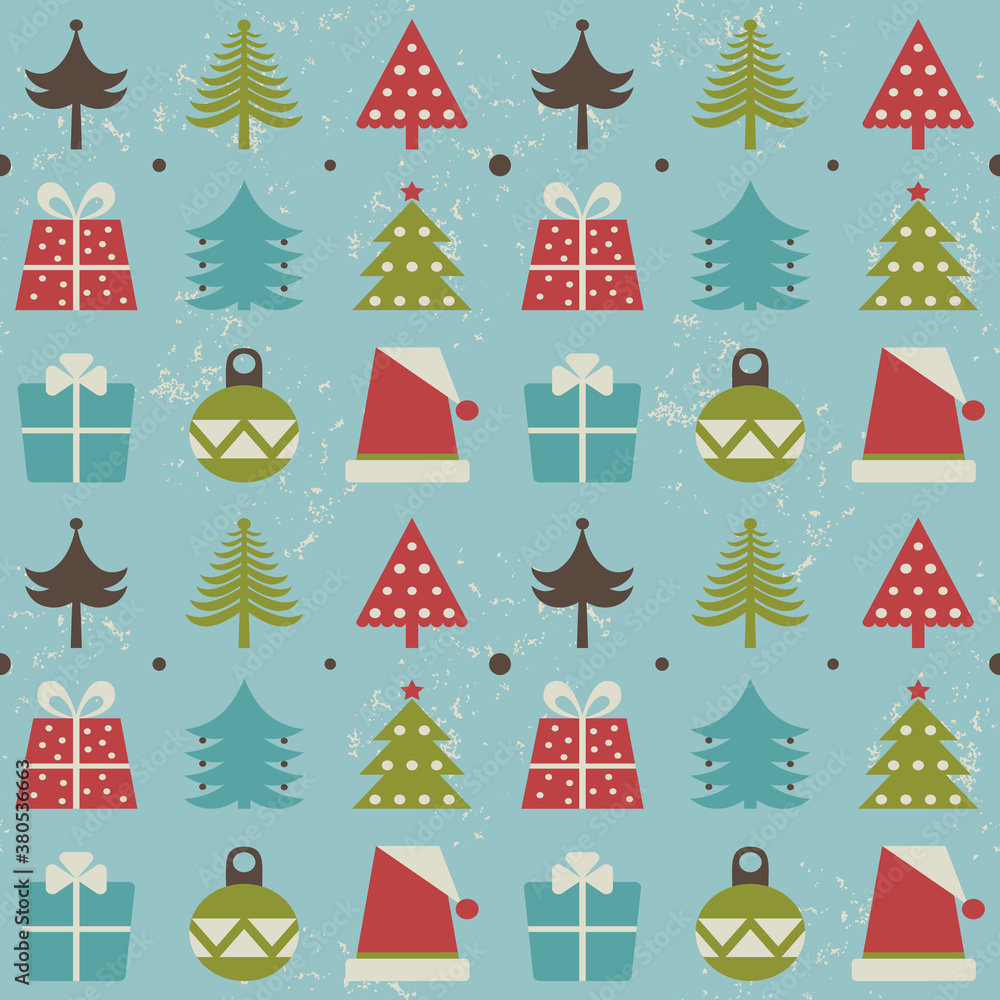 Seamless Christmas pattern with trees, toys, gifts and caps. Seamless Christmas pattern with trees, toys, gifts and caps.