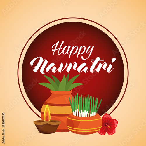 happy navratri celebration card with houseplants and candles