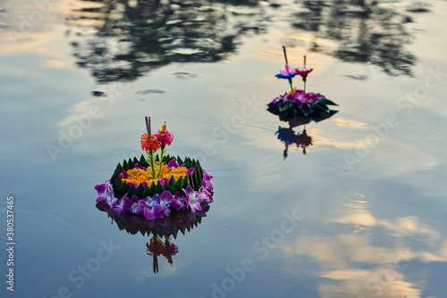 Krathongs Floating On A Pond During Loi Krathong Festival photo