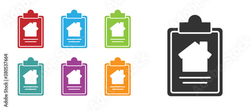 Black House contract icon isolated on white background. Contract creation service, document formation, application form composition. Set icons colorful. Vector Illustration.