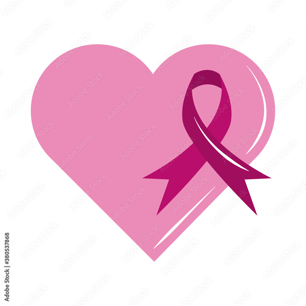 breast cancer awareness month, pink heart with ribbon emblem, healthcare concept flat icon style