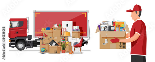 Delivery truck full of household items. Moving to new house. Family relocated to new home. Boxes with goods. Package transportation. Electronics clothes appliances furniture. Flat vector illustration