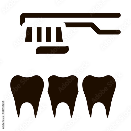 Dentist Teeth Cleaning Vector Sign Icon. Teeth And Toothbrush With Toothpaste, Tool And Device Pictogram. Chairside Assistance Dental Health Service Monochrome Illustration
