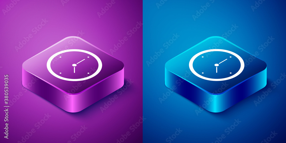 Isometric Clock icon isolated on blue and purple background. Time symbol. Square button. Vector Illustration. Isometric Clock icon isolated on blue and purple background. Time symbol. Square button. Vector Illustration.