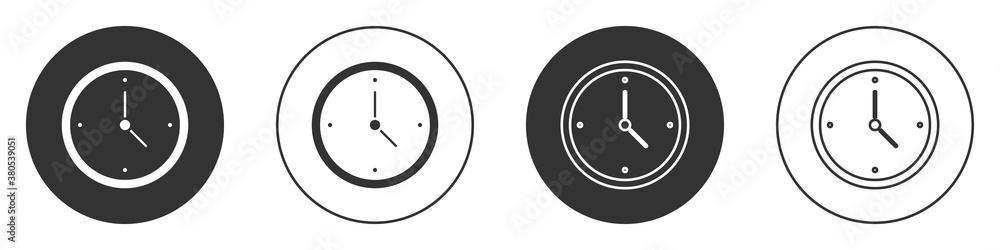 Black Clock icon isolated on white background. Time symbol. Circle button. Vector Illustration. Black Clock icon isolated on white background. Time symbol. Circle button. Vector Illustration.