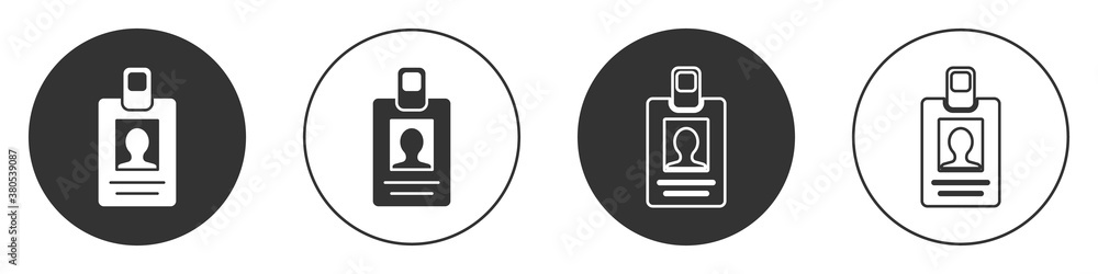 Black Identification badge icon isolated on white background. It can be used for presentation, identity of the company, advertising. Circle button. Vector Illustration. Black Identification badge icon isolated on white background. It can be used for presentation, identity of the company, advertising. Circle button. Vector Illustration.