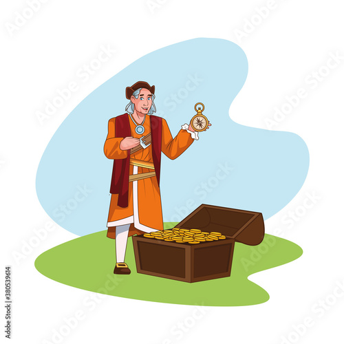 Christopher Columbus with compass and treasure
