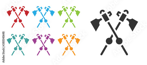 Black Crossed medieval axes icon isolated on white background. Battle axe, executioner axe. Medieval weapon. Set icons colorful. Vector.