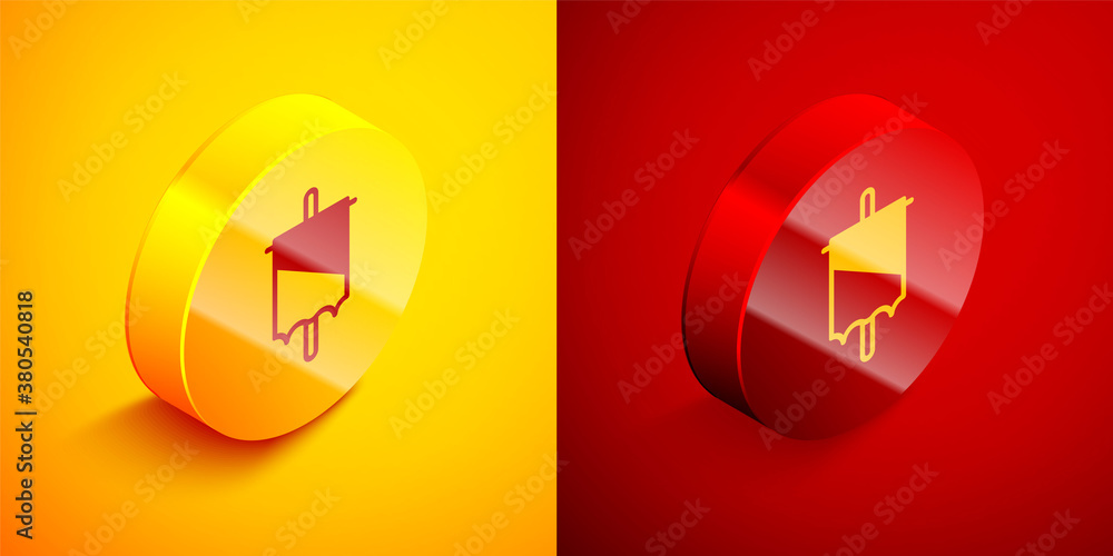 Isometric Medieval flag icon isolated on orange and red background. Country, state, or territory ruled by a king or queen. Circle button. Vector. Isometric Medieval flag icon isolated on orange and red background. Country, state, or territory ruled by a king or queen. Circle button. Vector.