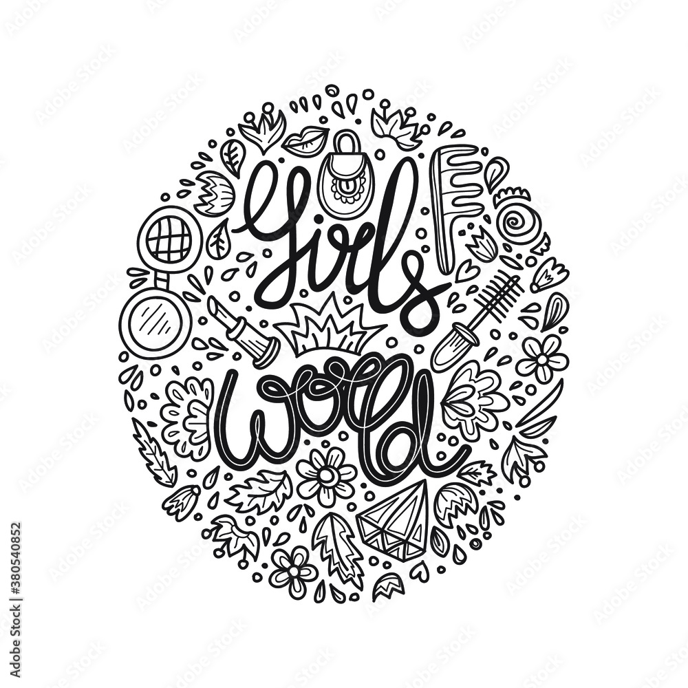 Fototapeta premium Cute hand drawn lettering with phrase Girls World. Illustration on feminism theme. Vector.