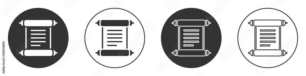 Black Decree, paper, parchment, scroll icon icon isolated on white background. Circle button. Vector. Black Decree, paper, parchment, scroll icon icon isolated on white background. Circle button. Vector.