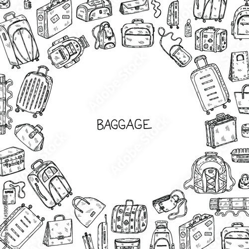 Card template with cute hand drawn baggage icons. Different types of travel bags. Vector collection