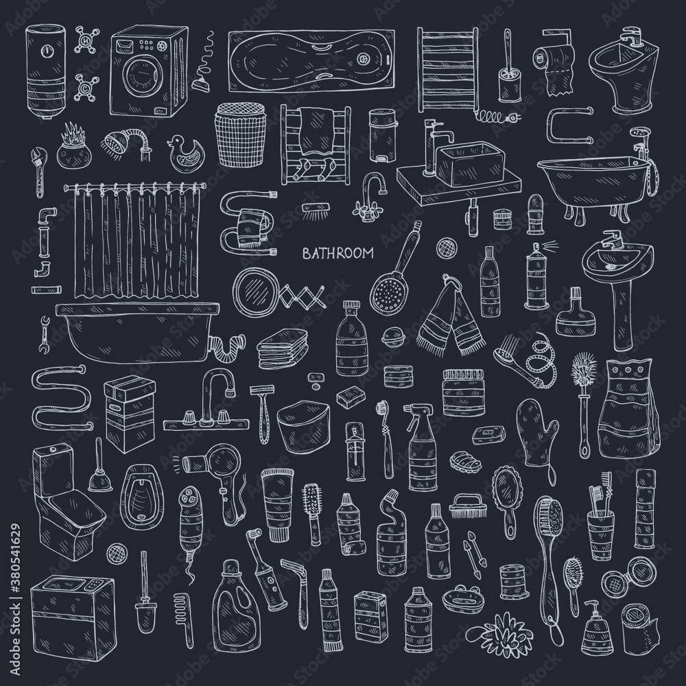 Set with cute hand drawn bathroom icons. Vector doodle collection Set with cute hand drawn bathroom icons. Vector doodle collection