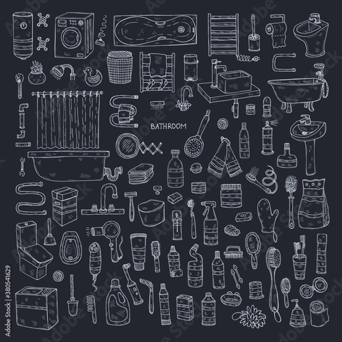 Set with cute hand drawn bathroom icons. Vector doodle collection