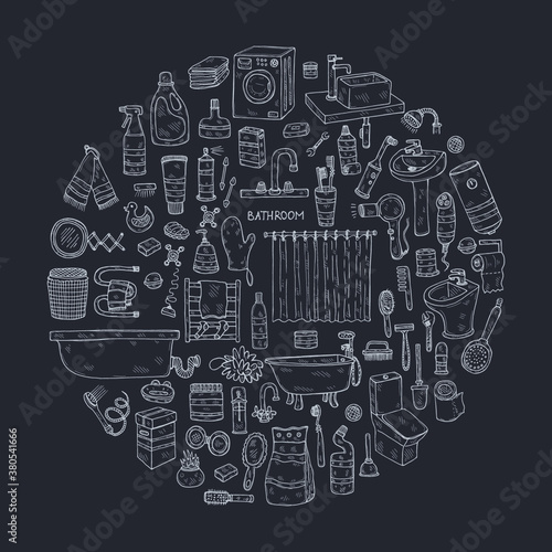 Round composition with cute hand drawn bathroom icons. Vector doodle collection