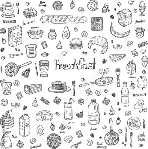 Big set with cute hand drawn breakfast icons. Doodle vector collection. Food illustration
