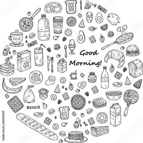 Round composition with cute hand drawn breakfast icons. Doodle vector collection. Food illustration