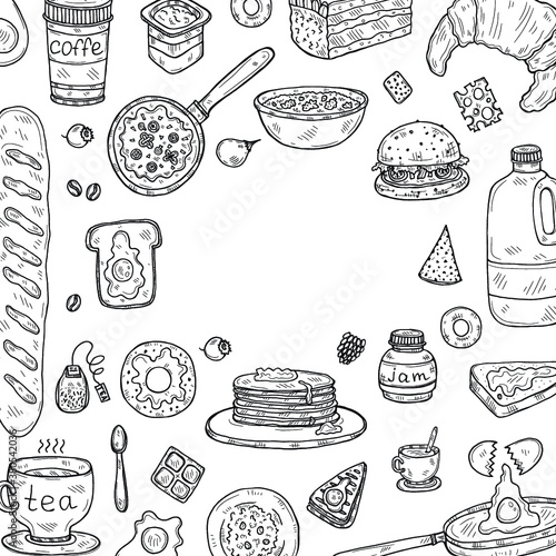 Card template with cute hand drawn breakfast icons. Doodle vector collection. Food illustration