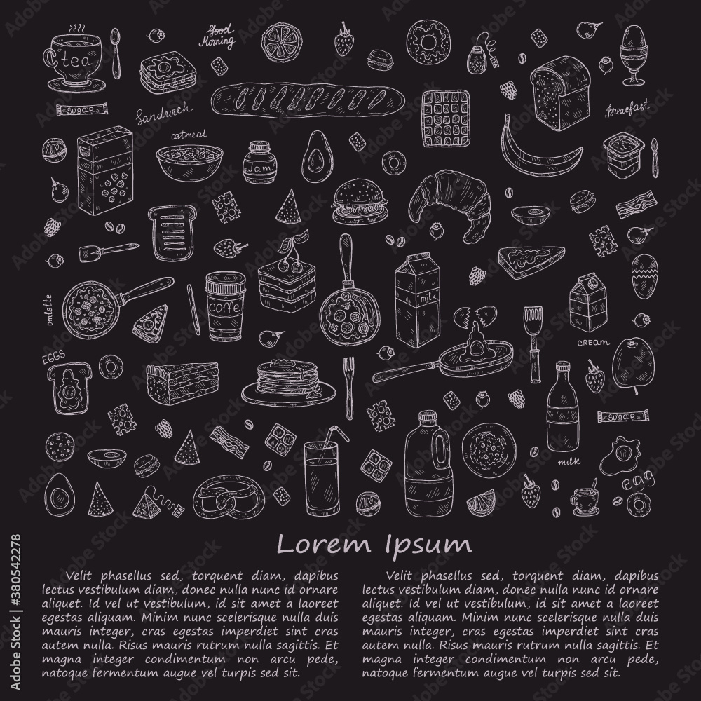 Composition with cute hand drawn breakfast icons. Doodle vector collection. Good morning food illustration Composition with cute hand drawn breakfast icons. Doodle vector collection. Good morning food illustration